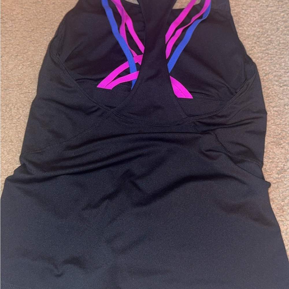 Fabletics Black Top with Pink and Blue Accents